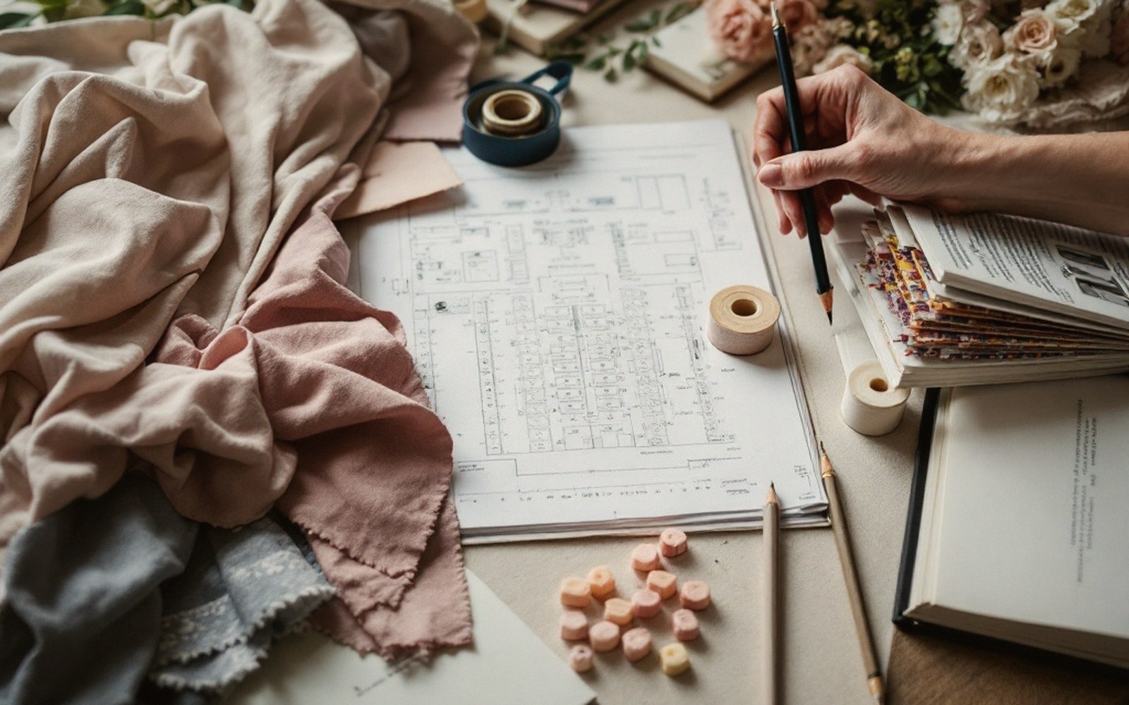 A hand holding a pencil beside a seating chart, fabric swatches and paint chips